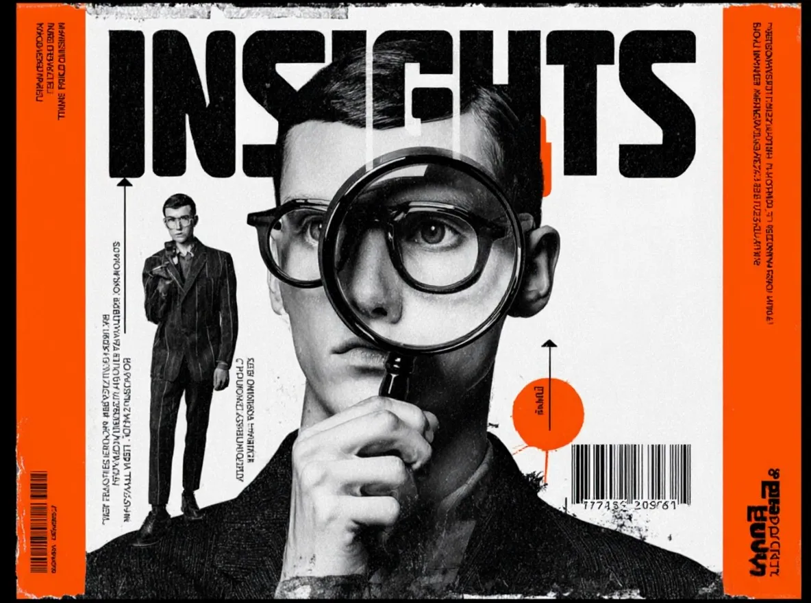 Editorial collage of a person looking through a magnifying glass with insights graphics.