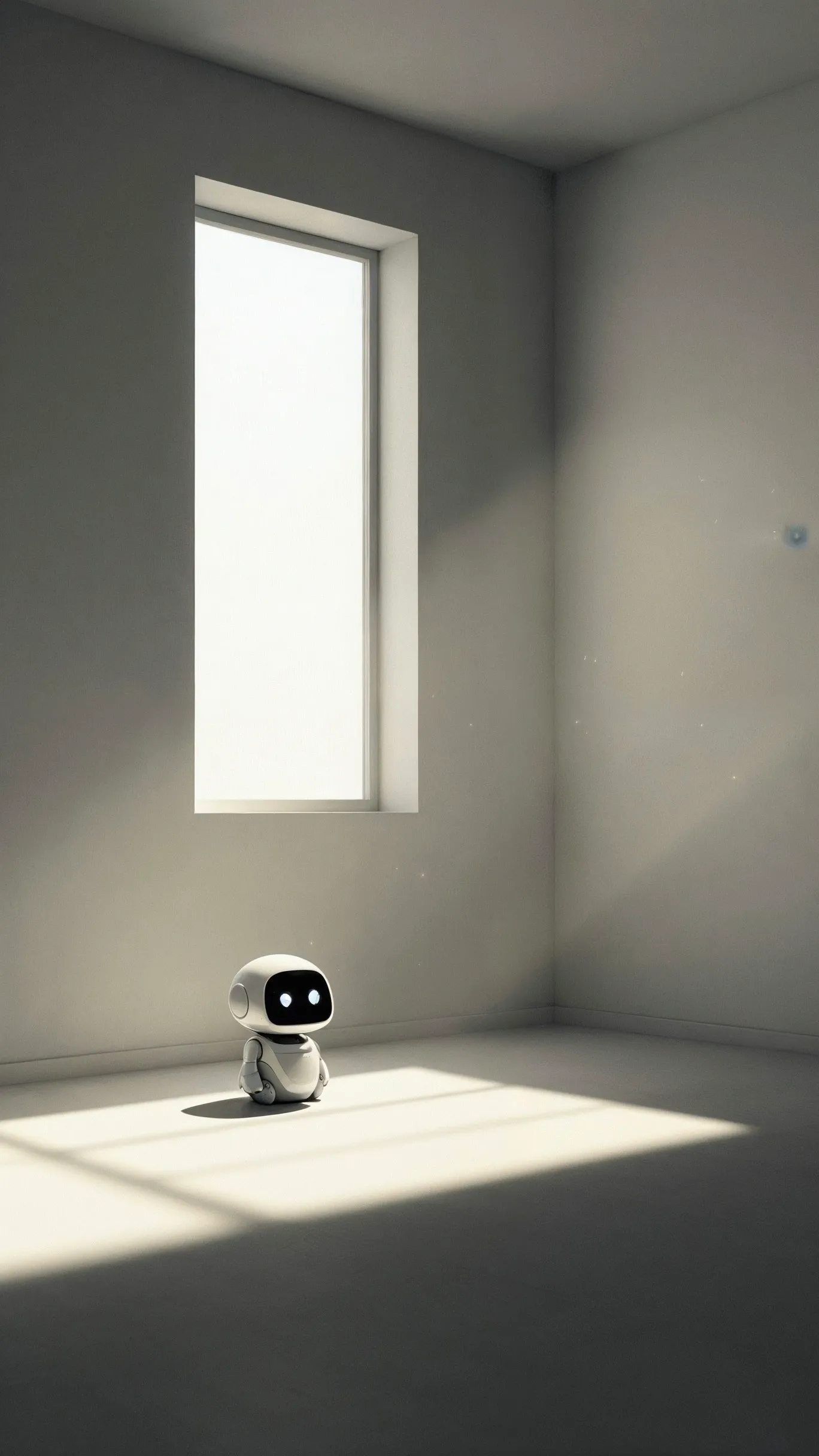 Small white robot sitting in a sunlit minimal room.
