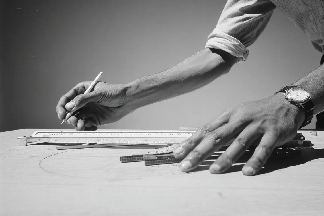 Black-and-white close-up of hands drawing with a ruler on a drafting table.