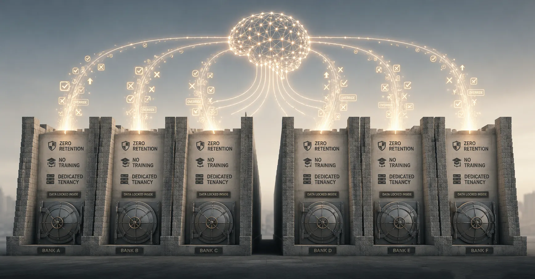 AI in banking illustration showing vaults, banks, and a glowing neural network.