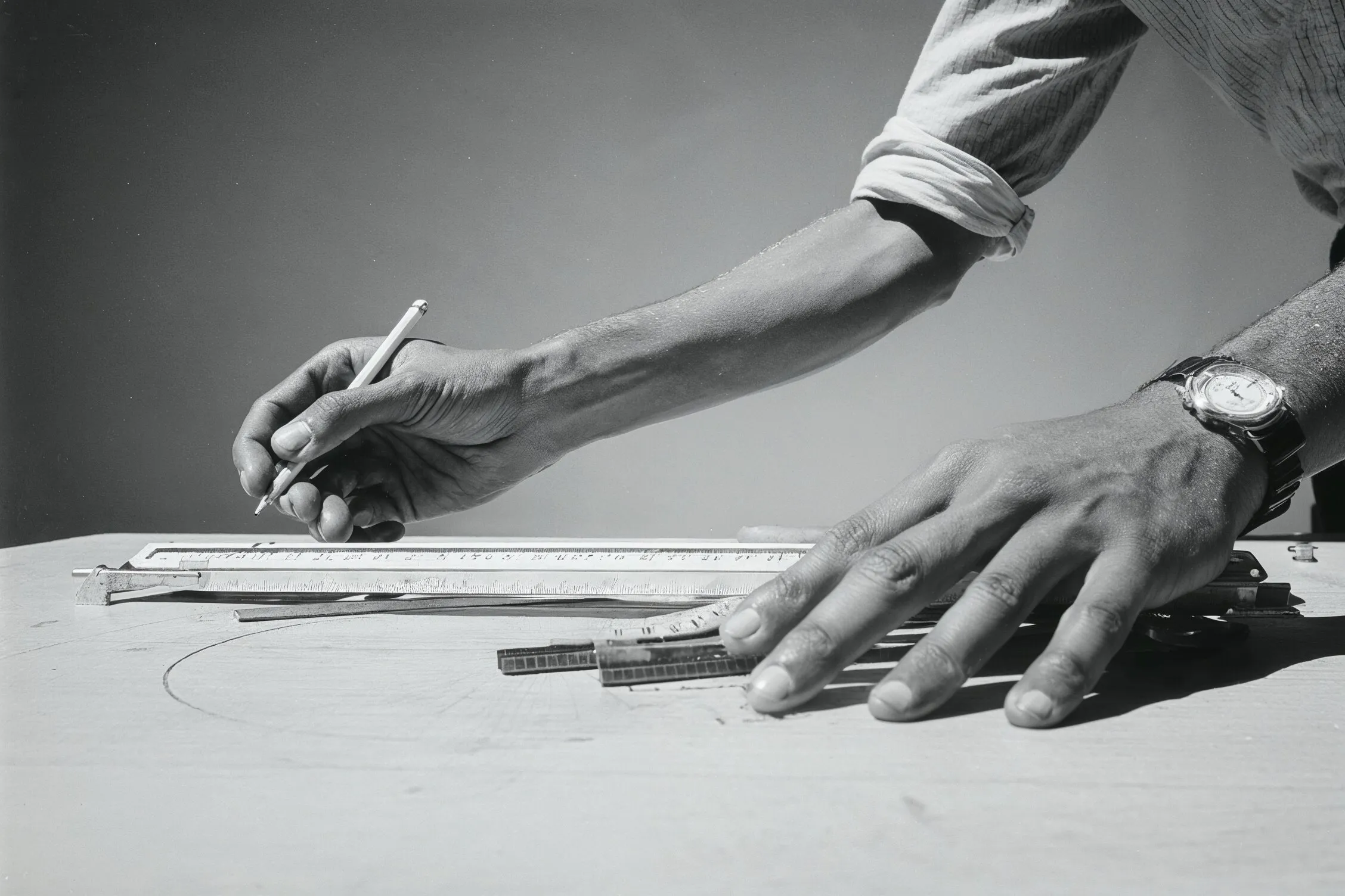 Black-and-white close-up of hands drawing with a ruler on a drafting table.