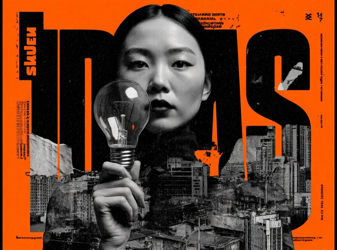 Editorial collage of a woman holding a light bulb over a city scene.