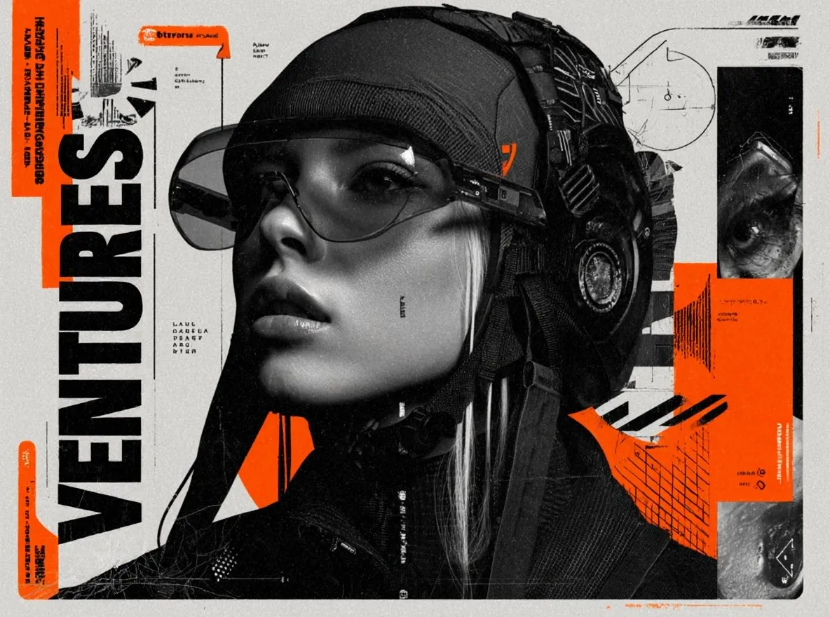 Editorial collage of a person in futuristic protective gear and venture strategy graphics.
